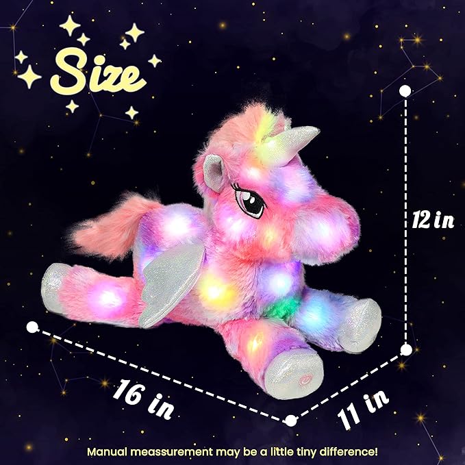 Hopearl Colorful LED Plush Unicorn Light up Stuffed Animal Floppy Night Lights Glow in The Dark Birthday Festival for Kids Toddler Girls, Rainbow, 16''