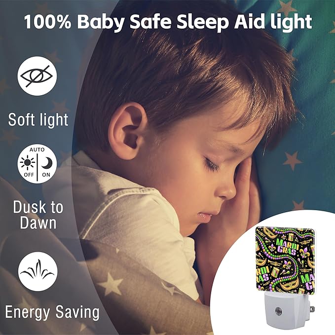 Happy Mardi Gras Night Light, Carnival Fleur De Lis Mask Beads Dusk to Dawn Night Light Plug in, 0.5w Energy Saving Sleep Friendly Nightlights for Kids Boys Girls Home Decor