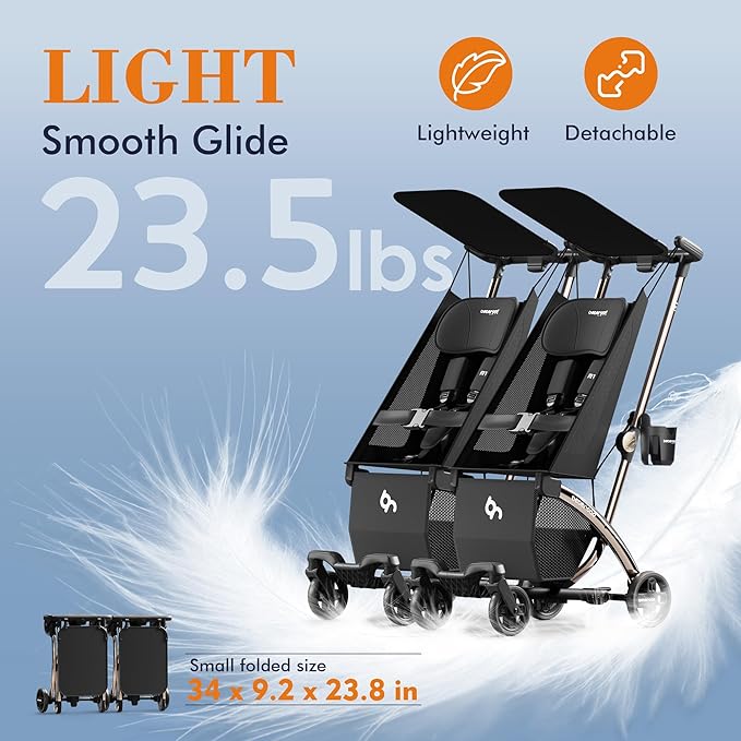 Beberoad Love R1 Auto-Folding Ultra Lightweight Double Stroller Twin Strollers, Side by Side Stroller for Babies and Toddlers Aged 6-36 Months, Only 23.5 lbs, Can Turn into Two Single Strollers, Black