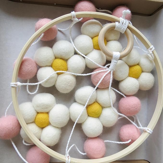 Daisy Mobile for Crib Boho Baby Crib Mobile for Girls Pink Felt Flower Baby Mobile for Crib