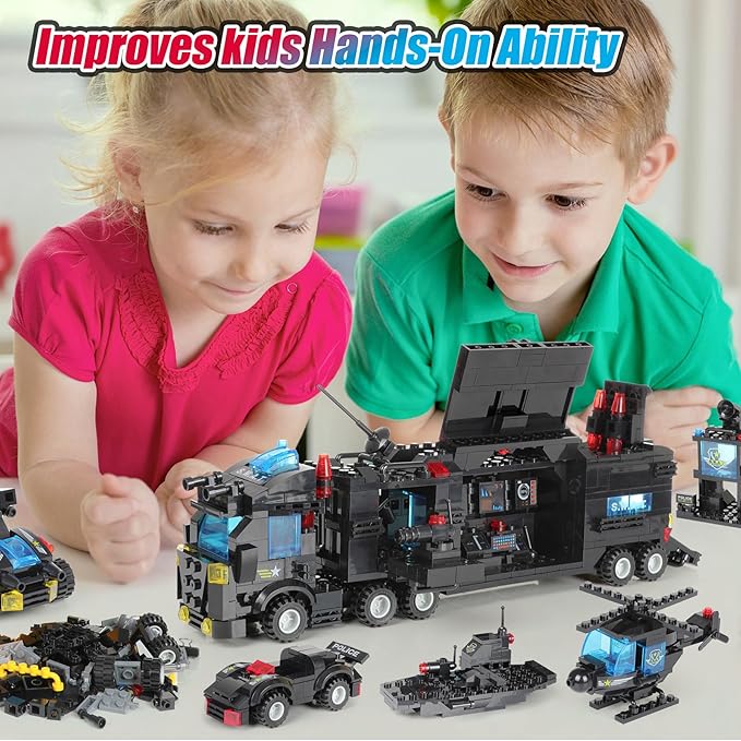 EP EXERCISE N PLAY 1110 PCS SWAT City Police Station Mobile Command Center Truck Car Building Blocks Set in 25 Different Models Police Cars, Helicopter, Boat, Toys Gift for Kids Boys Girls 6-12