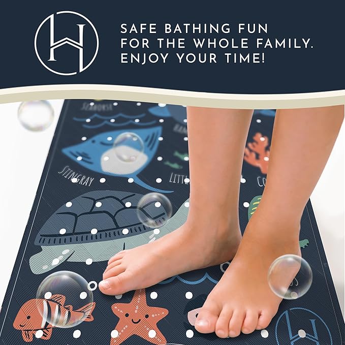 Homerella Baby Bath Tub Mat | Anti Mold Mildew Resistant Non Slip Kids and Adult Bath Tub Shower Mats | 40x16 inch Long with Suction Cups for Secure Grip Hooks for Storage & Drying | Machine Washable