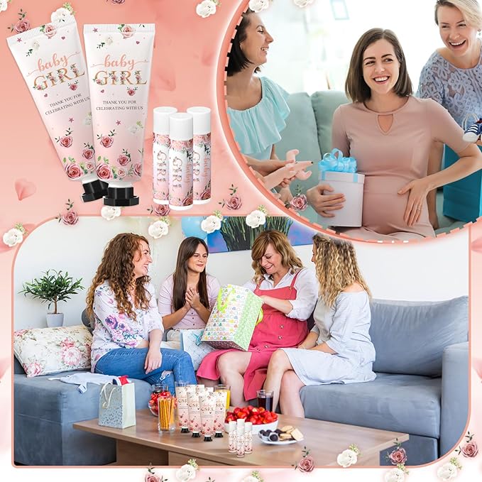 24sets/96pcs Baby Shower Gifts for Guests Hand Cream and Lip Balm Gifts Baby Shower Party Favors Travel Size Hand Lotion and Lip Balm Thank You Gift for Guests with Organza Bag and Tag Wedding Party