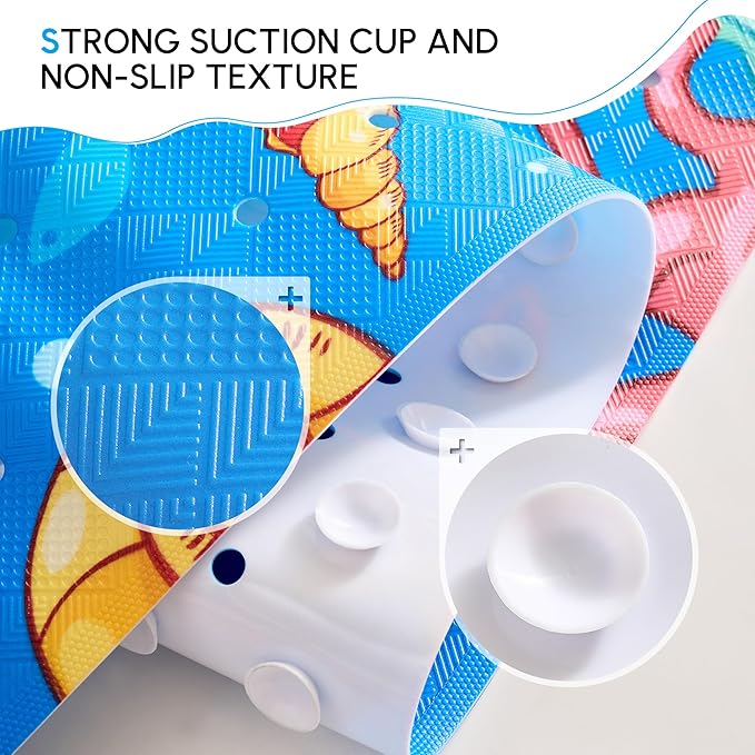 Vannokor Baby Bath Mat for Tub Non Slip Kids, 40 X 16 Inch Extra Long Bathtub Mat with Drain Holes and Suction Cups, Anti Slip Shower Mat Machine Washable, Dolphin