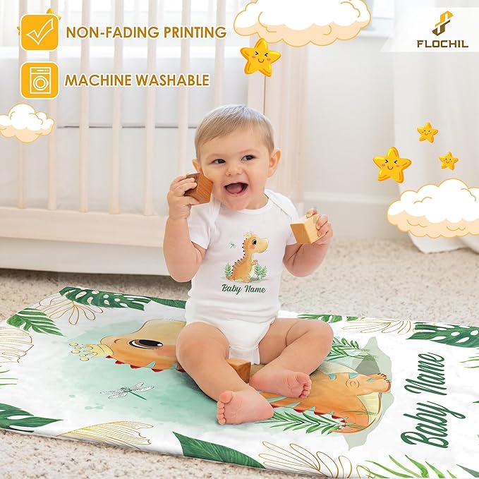 Personalized Baby Blankets, Custom Baby Blanket - Baby Blanket with Name for Boys, Best Gift for Baby, Newborn Elephants Flush Fleece (30x40) (Dinosaur 2)