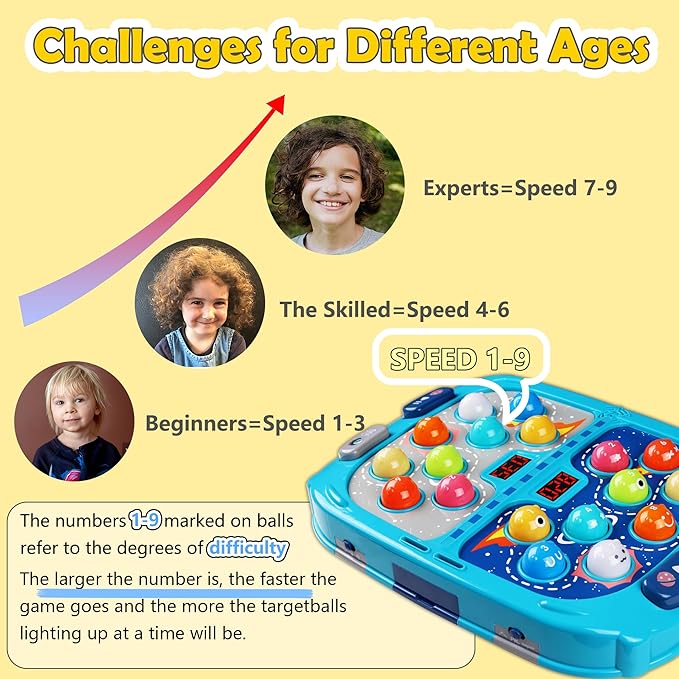 2-Player Whack Game Mole Toy for Kids Ages 3+, 11x15in Early Learning Toy with Lights & Sounds, Interactive Pounding Bench with 9 Speed Levels, Perfect for Families with Multiple Kid of Different Ages