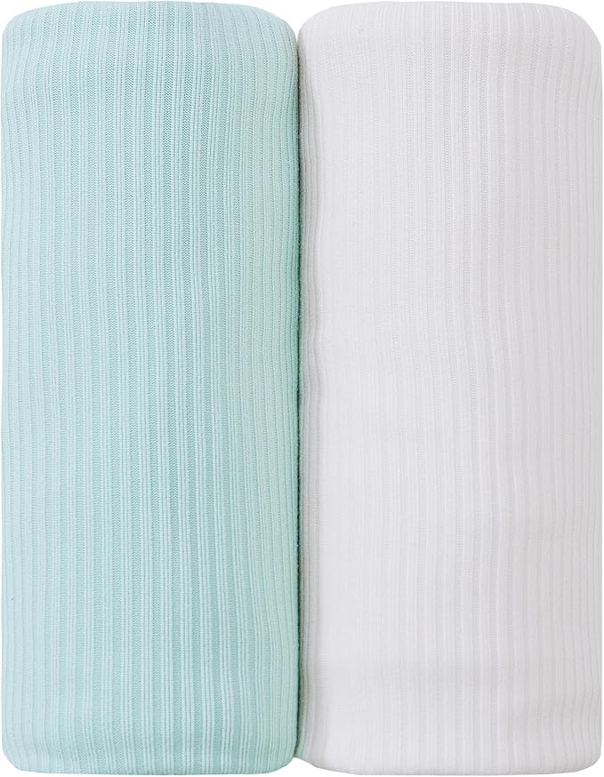 Jersey Swaddle Blanket, Ultra Soft Stretchy Receiving Blanket, Baby Girl Newborn Rainbow Swaddle Wrap, 40 x 30 inches, 2 Pcs, White & Green