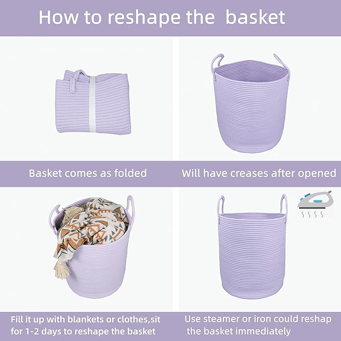 Rope Laundry Basket Hamper for Clothes Woven Storage Basket for Living Room Bedroom Boho Tall Rope Baskets for Blanket Toys Pillow Towels Baby Nursery Hamper Bin Large purple or lavender