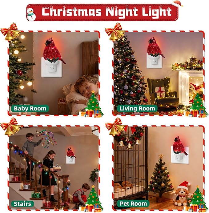 Christmas Cardinal Night Light Plug into Wall Swirling Glitter USB Portable Christmas Decorative Night Light Decoration for Kids Adults Bedroom Kitchen Living Room Holiday Decor (Cardinal)