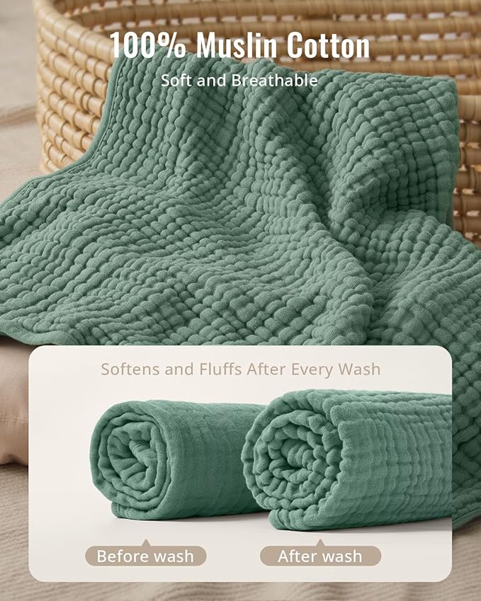 Blissful Diary Muslin Baby Hooded Towel 2 Pack, Soft & Absorbent Bath Towel for Infant, Toddler, Baby Gift, Newborn Essentials, Roman Green & Sand