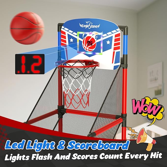 EagleStone Kids Adjustable Arcade Basketball Hoop with LED Lights & Scoreboard, 4 Balls Ball Storage Net, Indoor Outdoor Carnival Basketball Game Set for Boys & Girls Ages 3-12, Pump Included