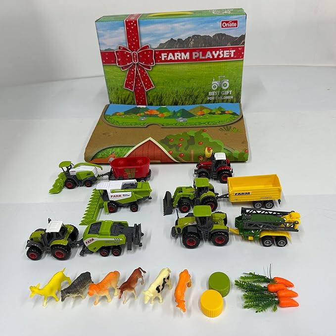Oriate Farm Tractor Toys Vehicle with Animals & Activity Play Mat, 38Pcs Educational Realistic Kid's DIY Diecast Set, Kids Tractors Trailer Sprayer Cow Animal Toy Birthday Gift