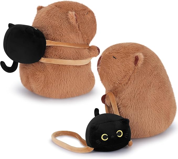 Achwishap Capybara Plush,Capybara Stuffed Animal Cute Plushies,Capybara Plush Toys,Kawaii Plushie Stuffed Toy with Black Cat Backpack Plushies Gifts for Kids Adults(Capybara with Black Cat,9.1”)