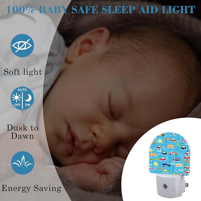 Cartoon Traffic Cars Night Light for Kids, LED Night Light Plug into Wall with Dusk to Dawn Sensor for Girls Boys Women Men Room Decor, Hallway, Kitchen, Bathroom, Nursery, Stairs