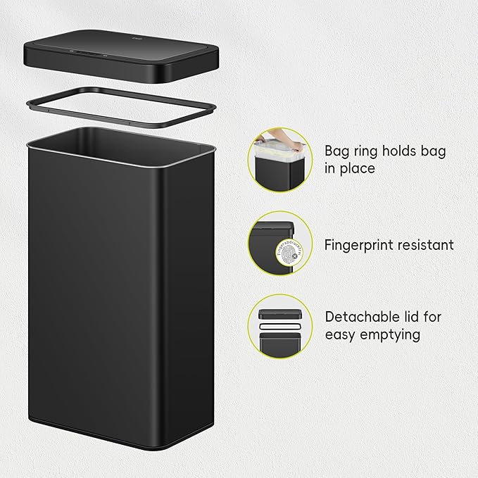 EKO Nova Sensor Trash Can, 21 Gallon/80 Liter Stainless Steel Rectangular Touchless Motion Sensor Trash Can, Matte Black