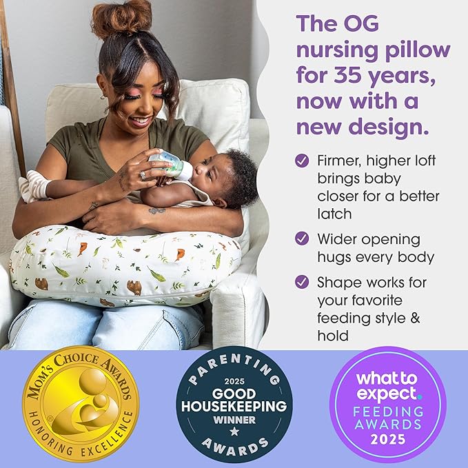 Boppy Nursing Pillow - Ergonomic Bottle & Breastfeeding Pillow with High, Firm, Large Area, Water-Repellent Cushion with Washable Cover; Baby Safety Alliance Verified - Neutral Plants and Animals