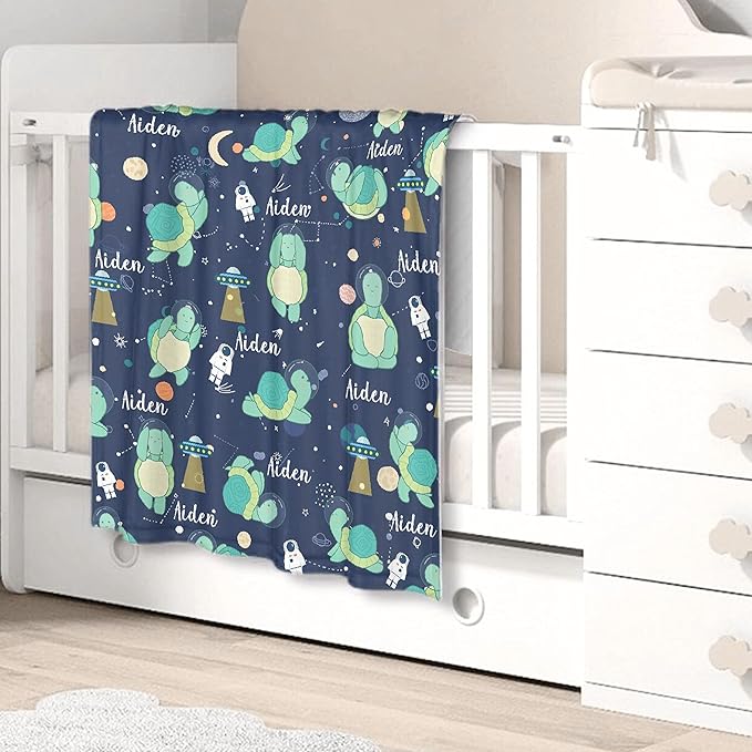 Personalized Custom Baby Blanket with Name - Astronaut Turtle Swaddle Blanket for Toddlers, Infants, Kids, Newborns - Nursery Stroller Crib Decor Throw - Birthday Gift