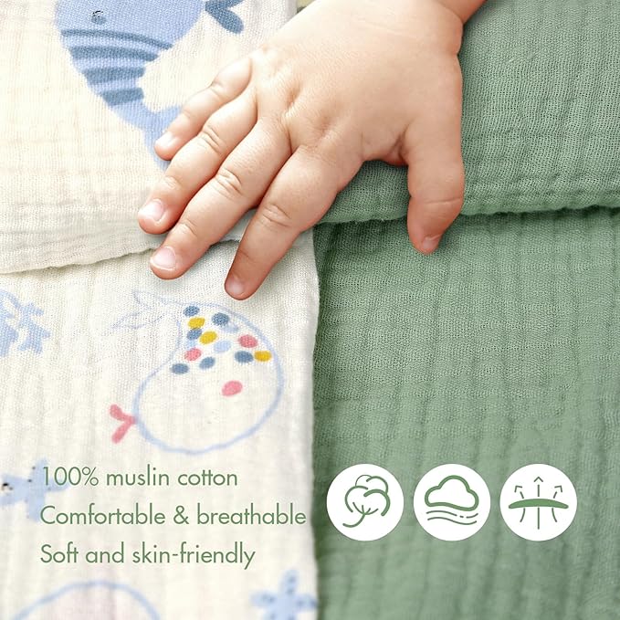 2-Pack Nursing Cover for Baby Breastfeeding - Muslin Breastfeeding Covers for Women Nursing, Breathable, Soft Arch Neckline, Green & Whale