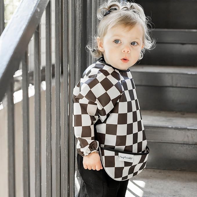 Tiny Twinkle Long Sleeve Bib for Babies & Toddlers – 2 Pack Waterproof Smock Bibs for Eating – Machine Washable & Mess-Proof, Baby Feeding Essential & Shower Must-Have (Black,Sage Checkers, 6-24M)