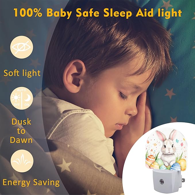 Easter Rabbit and Eggs Night Light Plug into Wall,Happy Easter Bunny Watercolor Floral Dusk to Dawn Night Light Plug in,0.5w Energy Saving Sleep Friendly NightLight for Kids Boys Girls Home Decor