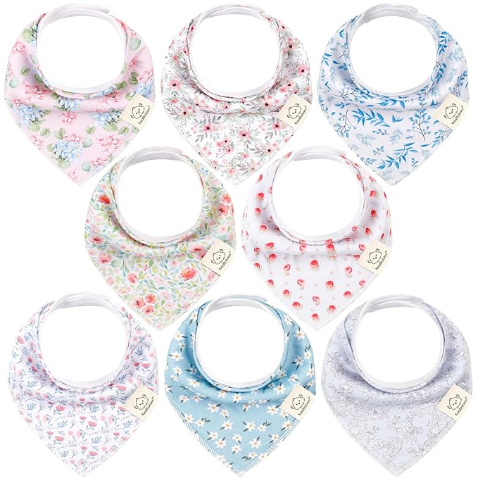 8-Pack Organic Baby Bandana Bibs for Girls - Super Absorbent Triangle Baby Bibs for Drooling and Teething Infant, 100% Cotton Extra Soft for Newborn, Infant 0-36 Months (Flourish)