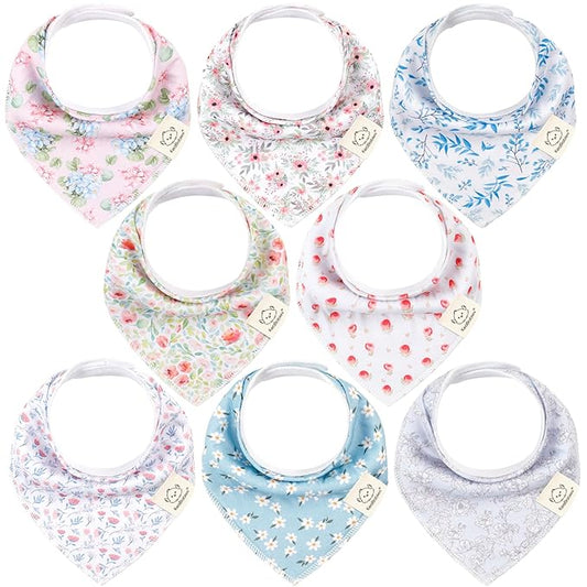 8-Pack Organic Baby Bandana Bibs for Girls - Super Absorbent Triangle Baby Bibs for Drooling and Teething Infant, 100% Cotton Extra Soft for Newborn, Infant 0-36 Months (Flourish)