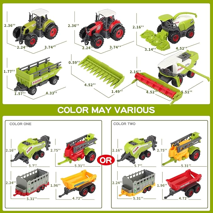 Oriate Farm Tractor Set 34 Piece Die Cast Vehicle Value Playset, Large Size 4.8" Tractors Toy Kids Birthday Gift, Farm Play Mat Tractors Animals Trailer Toys, Farm Equipment Accessories
