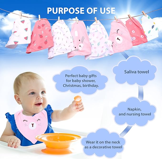 DOKMA Set 8 Organic Cotton Baby Drool Bibs - Bandana Teething Bibs for Baby - Bandana Drool Bibs - Ultra Soft, No Scratch