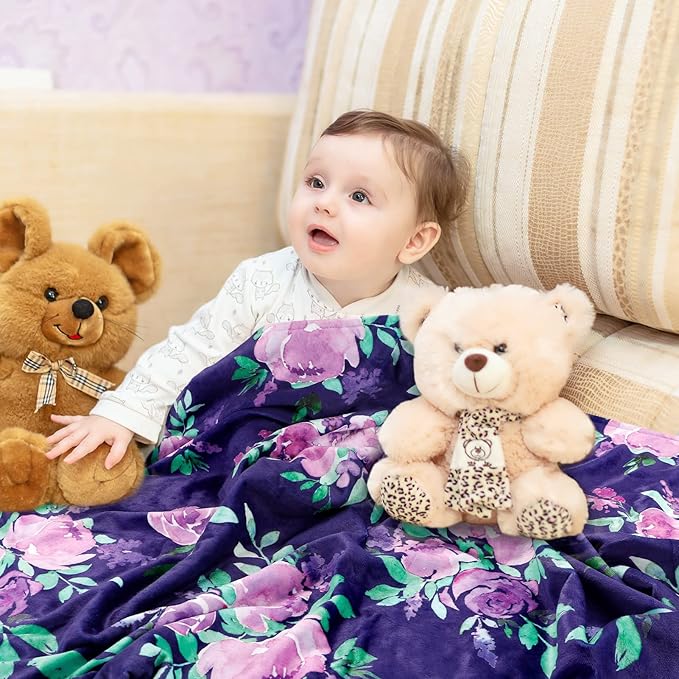 TANOFAR Minky Baby Blankets, Soft Toddler Blanket for Boys Girls, Dotted Backing, Double Layer Crib Receiving Blanket, for Nursery/Stroller/Toddler Bed/Carseat, 30 x 40 Inch, Purple Floral