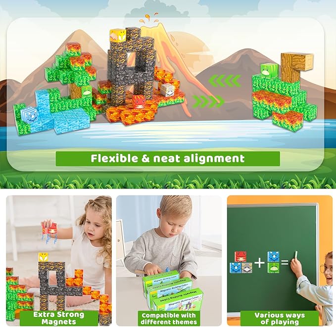 Magnetic Blocks - 120PCS Toy Build Set, Magnetic Building Blocks STEM Sensory Toys, Creative Kids Gift for 3+ Year Old Boys Girls (Dinosaur)