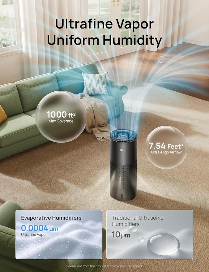 DREO Smart Evaporative Humidifier Large Room up to 1000ft², 800ml/h High Output Air Humidifiers for Bedroom, 10L, 50H Long Runtime with Precise Humidification for Plants, Home, Office, Black, HHM774S