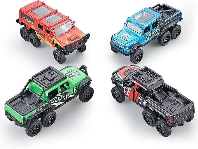 KIDAMI Diecast Toy Trucks 4 Pack Die Cast Metal Toy Cars Pull Back Cars Openable Doors Off-Road Vehicles Birthday Gift for Boys and Toddlers (Colorful)