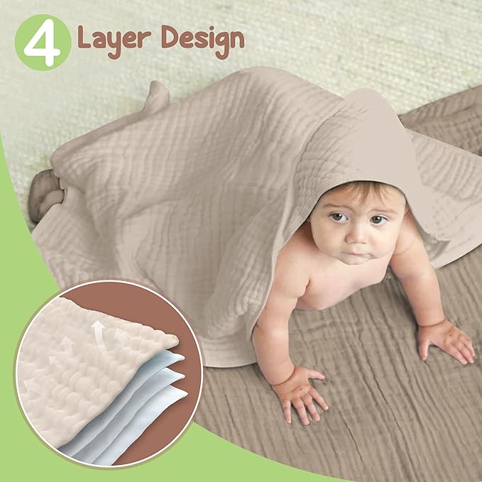 Organic Cotton Muslin Baby Hooded Towels - 32x32 Inch, 2 Pack Newborn Bath Towels for Boys & Girls, Soft & Absorbent Bath Set (Olive/Ivory)