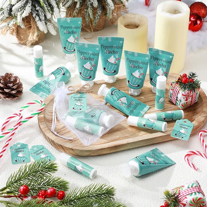 24 Sets Hand Cream and Lip Balm Gift Bridal Baby Shower Party Supply Travel Size Hand Lotion and Lip Balm Bulk with Organza Bag and Tag Wedding Baby Shower Party(Mint,Peppermint Mocha)