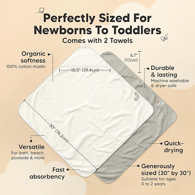 KeaBabies Muslin Hooded Baby Towels for Newborn Girls, Boys - 2-Pack, 30x30 Organic Cotton Baby Bath Towels Hooded, Soft Absorbent, Toddlers, Kids, Infant, Newborn Bath Essentials (Graphite, Petite)
