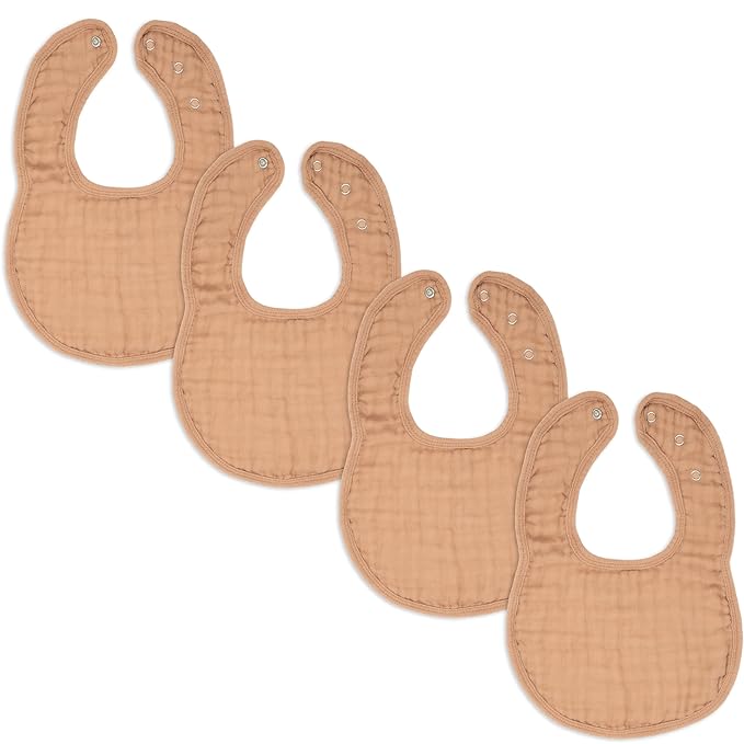 Comfy Cubs Muslin Bibs for Babies, Pack of 4 - Soft and Highly Absorbent, Feeding, Drool and Teething Bib, Adjustable Snaps - Stylish & Colorful Unisex Designs, Giftable Set - Caramel