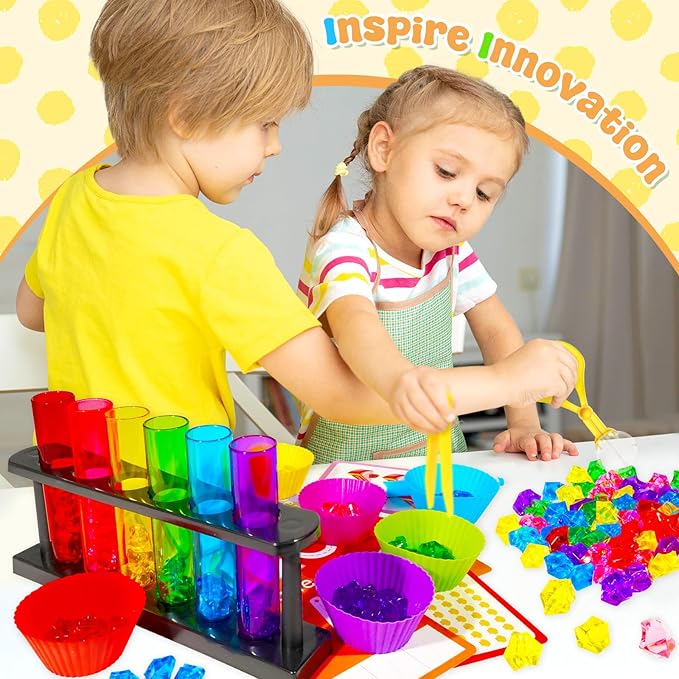 Rileryan 105 Pcs Test Tube Counting and Color Sorting Kit Sensory Bin Table Filler Accessories Fine Motor Skills Color Matching Rainbow Sorting Set with Acrylic Gems Crystals Sorting Bowls Cups Tools
