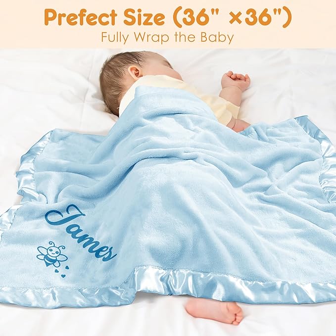 Personalized Baby Blanket with Name, Custom Flannel Swaddle Blankets, Customized Embroidered Receiving Blanket for Boys, Baby Shower Birthday for Newborn - Blue(36" x 36")