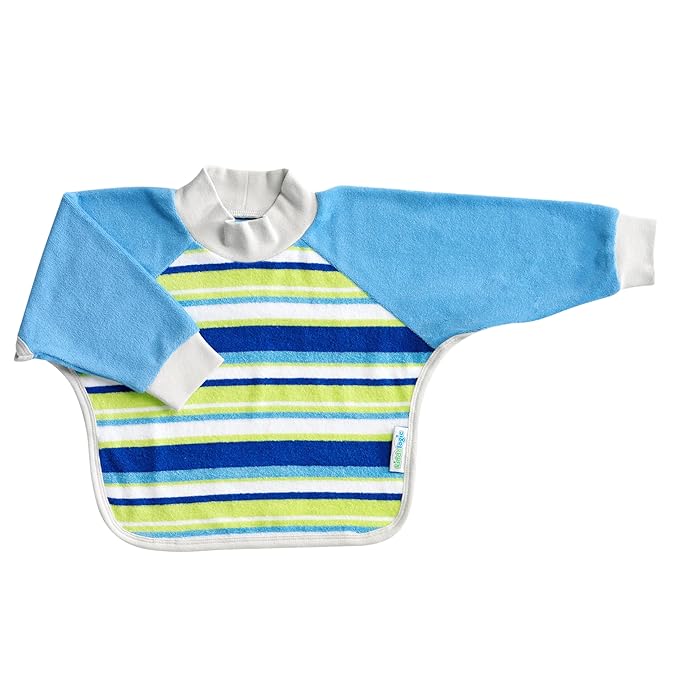 Kiddologic Bibit-all Baby Feeding Bib, Long Sleeves with Ribbed Cuffs and High Collar, Stretchy Pullover Smock, Soft Absorbent Terry, Waterproof Lining, Infant Boy 6-12 Months, Sky Blue Stripe