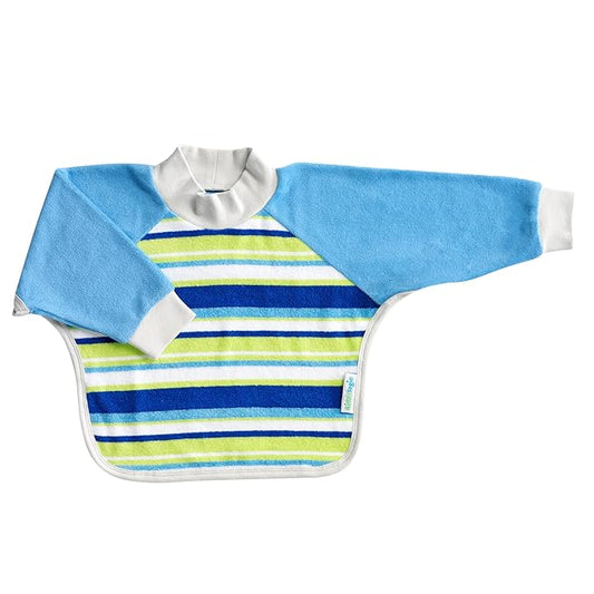 Kiddologic Bibit-all Baby Feeding Bib, Long Sleeves with Ribbed Cuffs and High Collar, Stretchy Pullover Smock, Soft Absorbent Terry, Waterproof Lining, Infant Boy 6-12 Months, Sky Blue Stripe