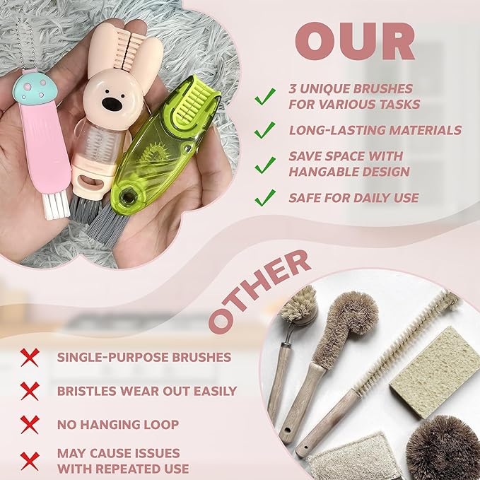 Cup Lid Cleaning Brush, Multifunctional Set with 3 in 1 Lid Cleaner and Two 4 in 1 Cup Lid Cleaning Brushes, Cleaning Brush Tool for Bottles, Straws, Tumblers, Travel Mug Caps, Portable Kit (Pink)