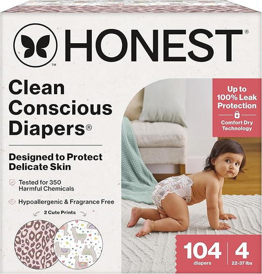 The Honest Company Clean Conscious Diapers for Delicate Skin, Up to 100% Leakproof Hypoallergenic Fragrance-Free Baby Diapers, Girl Prints, Super Club Box, Size 4 (22–37 lbs), 104 Count (Prints Vary)