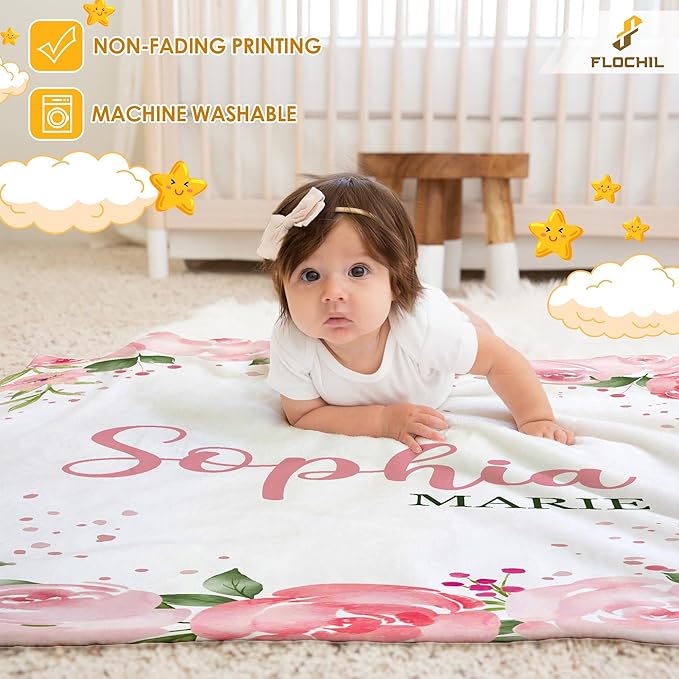 FLOCHIL Personalized Baby Blanket for Girls, Custom Baby Blanket with Name, Customized Baby Products, Gift for Baby, Newborn, Baby Shower (Floral 1)