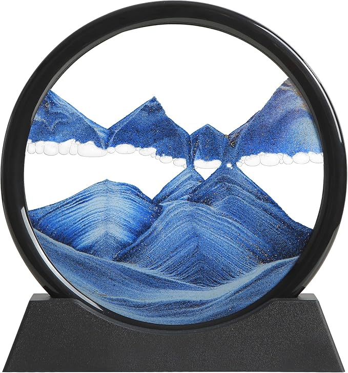 Moving Sand Art Liquid Motion, 3D Deep Sea Sandscape Color Quicksand Decor, Round Glass Moving Sand Art Picture Relaxing Desktop Home Office Work Decor (Blue, 7 inch)