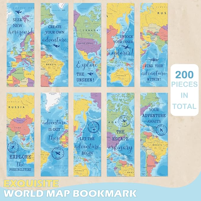 200 Pcs World Map Bookmarks Gifts, Bulk World Geography Bookmarks for Kids, Classroom Decor & Reading Rewards, Travel Theme Paper Bookmark for Students Teachers Men Women Readers