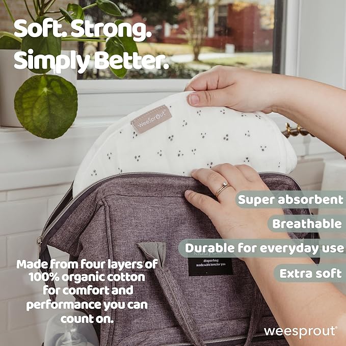 WeeSprout Unisex Organic Towel Cotton Burp Cloths, Set of 4, Four Ultra-Absorbent Layers Keep Clothes Dry, Button Transforms into Baby Bib, Machine Washable & Dryer Safe (Neutral Set, Full)