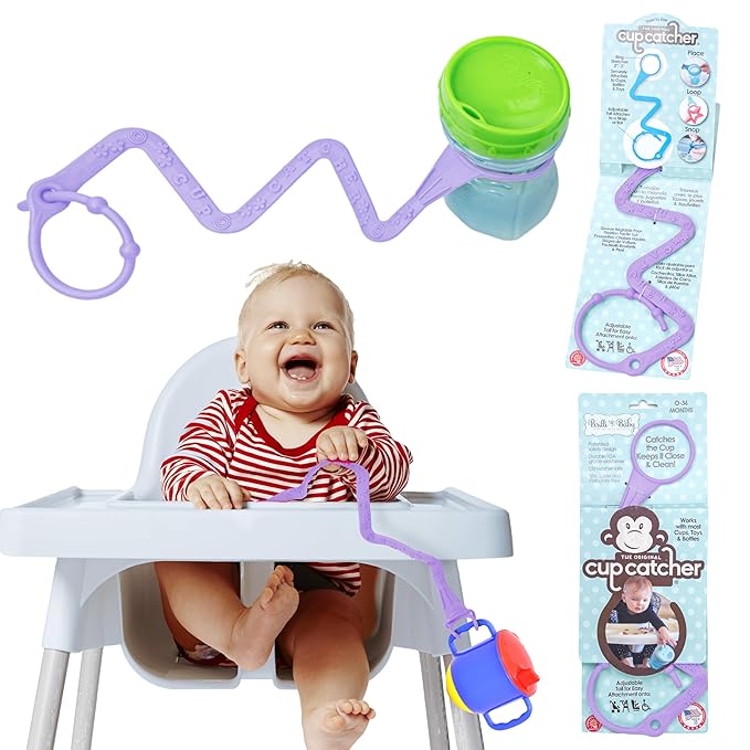 Brilli Baby Cup Catcher Patented Safety Tether Strap, Attach Sippy Cups, Bottles, Pacifiers & More to Stroller, High Chair, Car Seat, Made in USA, Food Grade, Dishwasher Safe (Lavender)