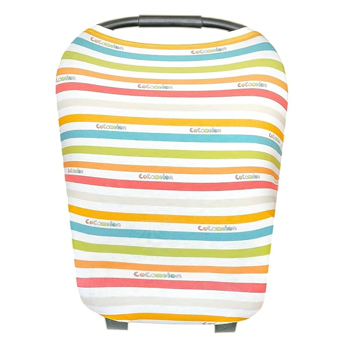 Copper Pearl Baby Car Seat Cover Canopy and Nursing Cover Multi-Use Stretchy 5 in 1 Gift 'CoComelon Stripe' - One Size
