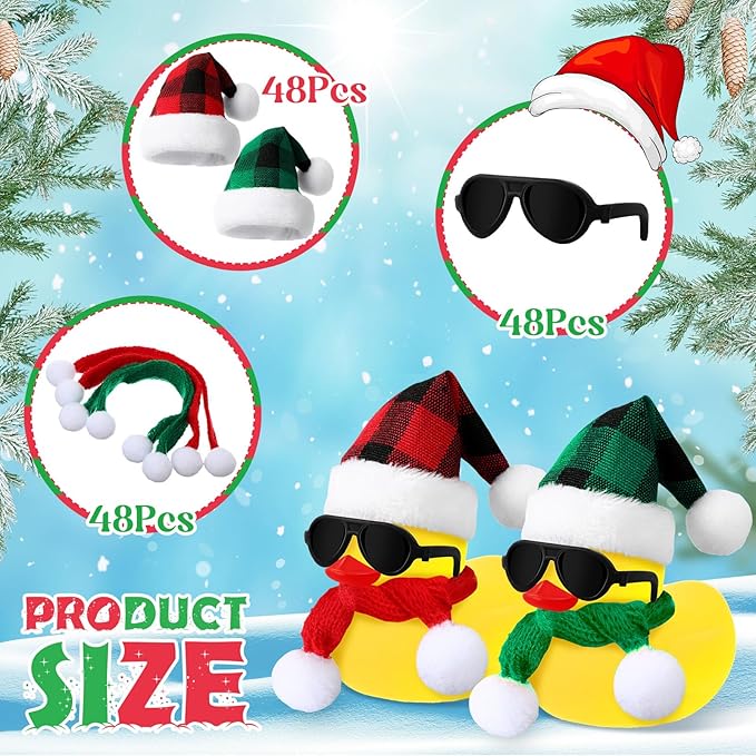 Syhood 24 Sets Christmas Mini Rubber Duck Bulk with Sunglasses Scarf Hats and Adhesive Dots Duckies Bath Toy Xmas Decor for Christmas Winter Gift Cruise Birthday Party (Plaid Hat)
