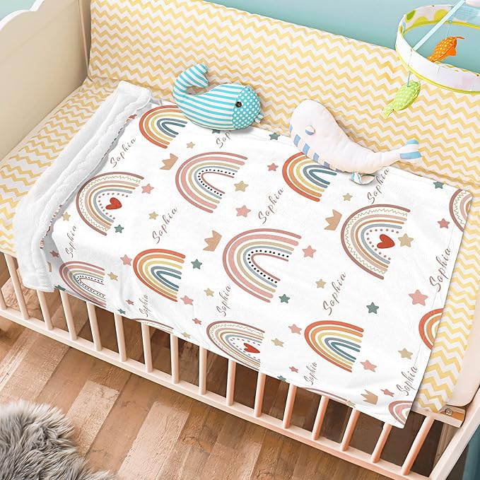 Custom Boho Rainbow Blanket with Name, Personalized Nursery Receiving Blankets for Baby Girls, Customized Newborn, Christmas Birthday Gifts for Girls